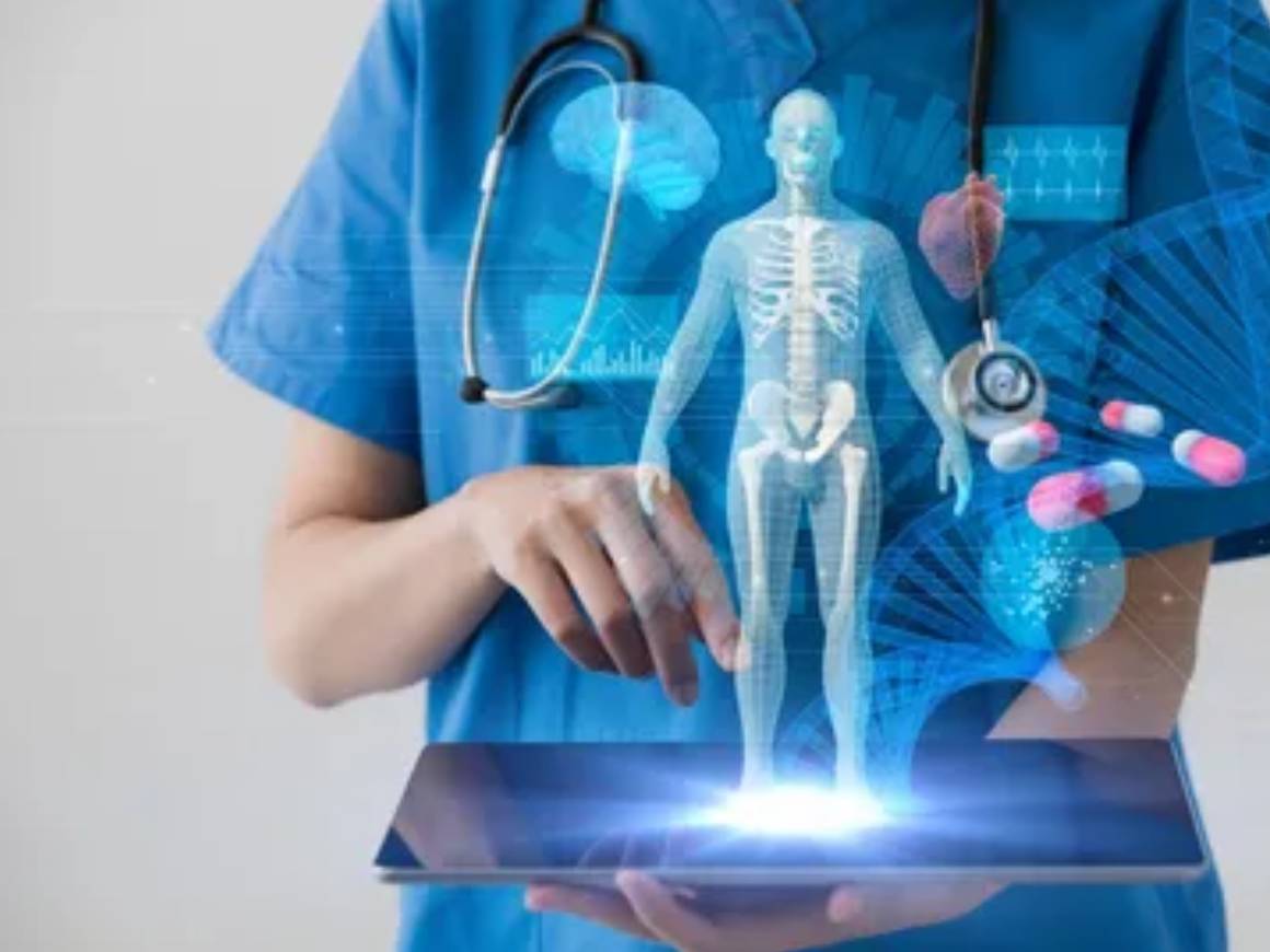 Healthcare professional using digital medical interface.