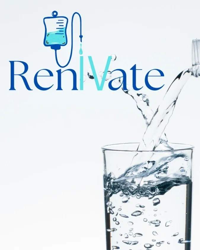 Water pouring into glass, Renivate logo above.