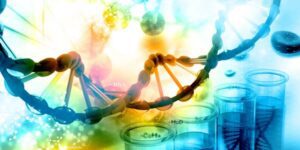 Colorful DNA strands and test tubes illustration.