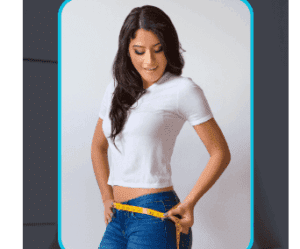 Woman measuring waist with tape measure.
