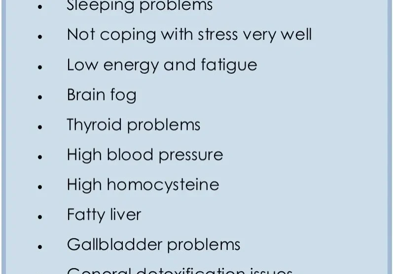 Common MTHFR symptoms list with blue background.