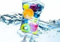 IV bag with colorful fruits inside.