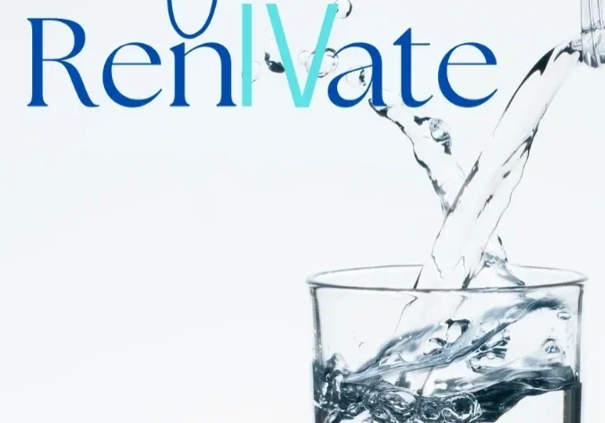 Water pouring into glass, Renivate logo above.
